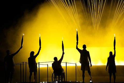 2024 Paralympics Opening Ceremony: Athletes Charles-Antoine Kouakou, Nantenin Keita, Fabien Lamirault, Alexis Hanquinquant and Elodie Lorandi during the Opening Ceremony